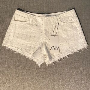 Zara Openwork Embroidery White Denim Shorts